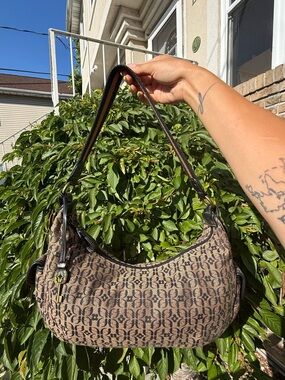 Vintage Y2K Fossil Crescent Monogram Shoulder Bag Brown Jacquard Hobo Purse